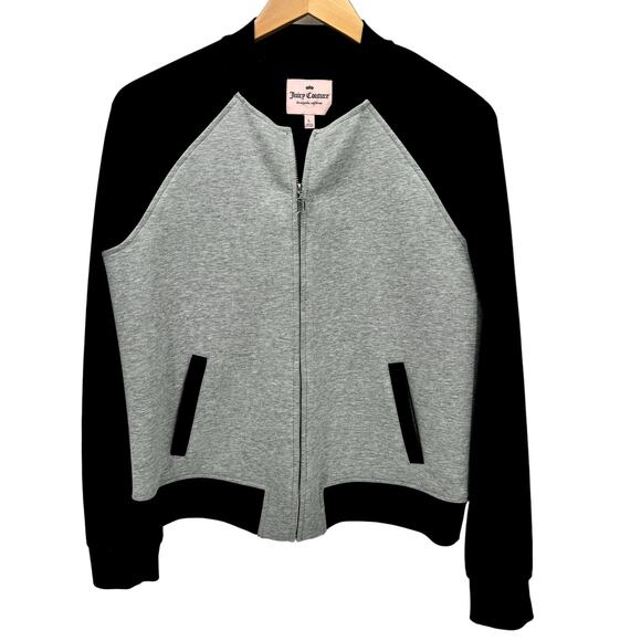 Juicy Couture Jacket Womens Large Gray Black Full Zip Logo Back + Pockets Crop - Picture 1 of 8